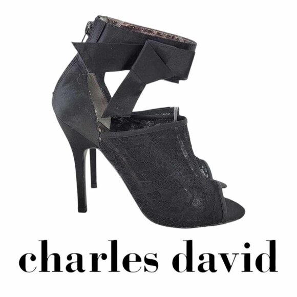 NEW Charles David Black Sateen Bow and Mesh Heels Sz 6.5 - Picture 2 of 10